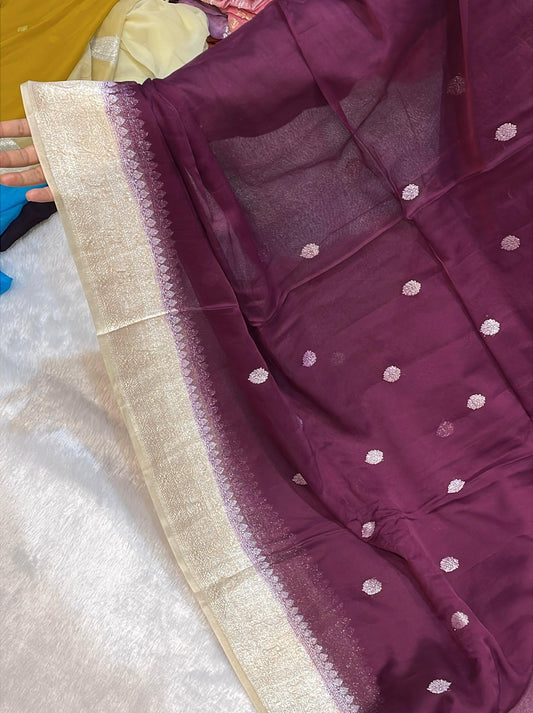100% Pure Banarasi Khaddi Chiffon Silver Zari Kadwa Buti Handloom Saree coffee with Cream Colour
