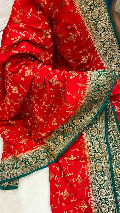 Pure Banarasi Khaddi Crape Silk Handloom Saree with Traditional Corners Red With Bottle Green Color