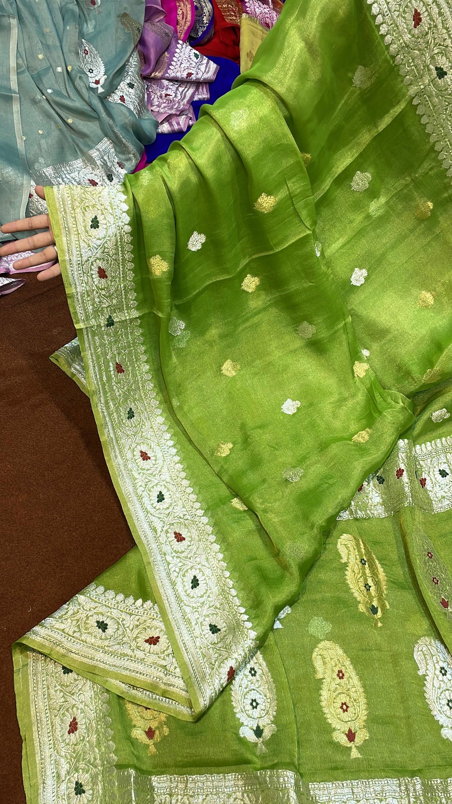 100% Authentic & Luxurious Pure Banarasi Khaddi Chiffon Tissue Saree Neon Parrot Green Colour