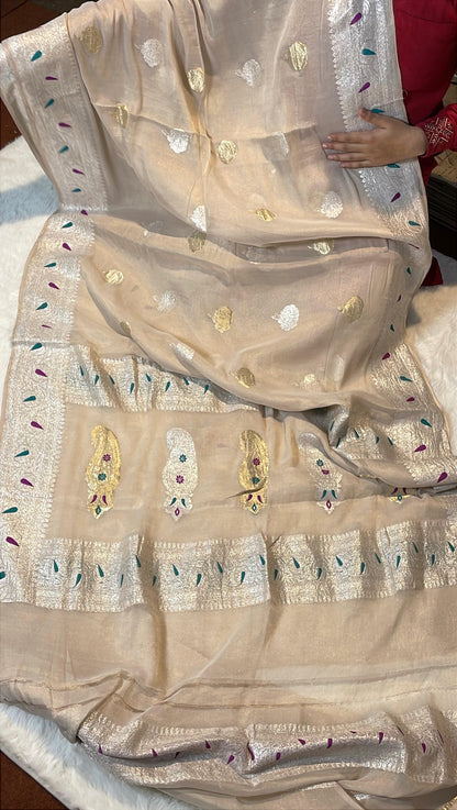 100% Authentic & Luxurious Pure Banarasi Khaddi Chiffon Tissue Saree Natural/Tussar Colour (Rose Buta)