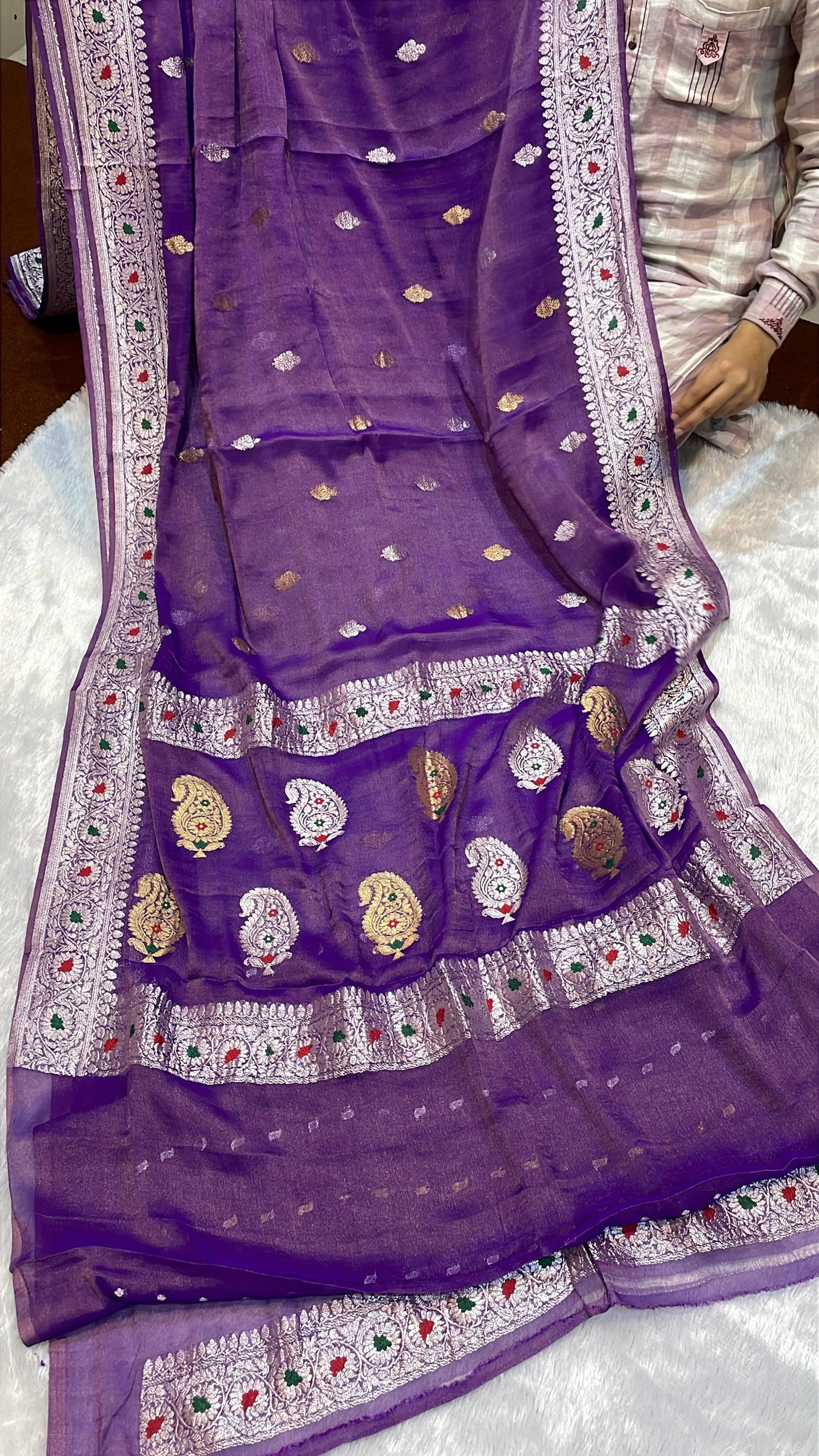 100% Authentic Pure Banarasi Khaddi Chiffon Tissue Saree Purple Violet Color