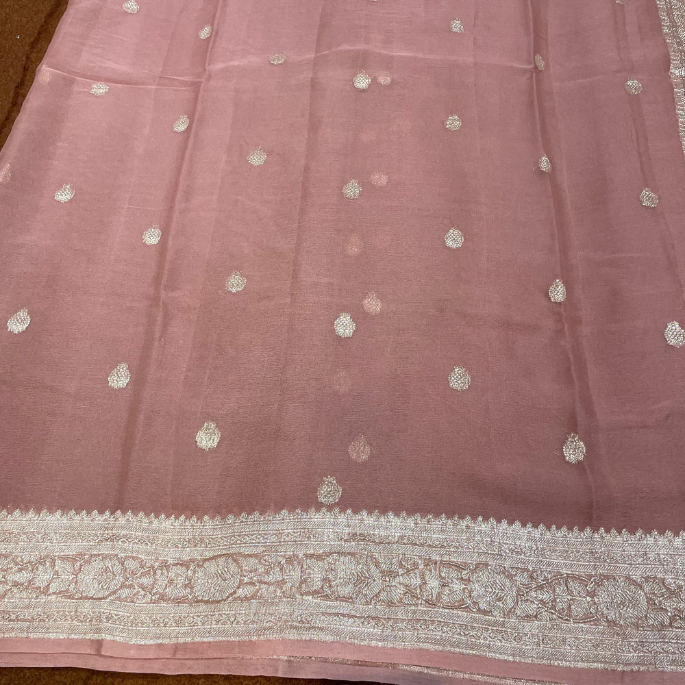 100% Pure Banarasi Khaddi Chiffon Silver Zari Kadwa Buti Handloom Saree Gazri Colour