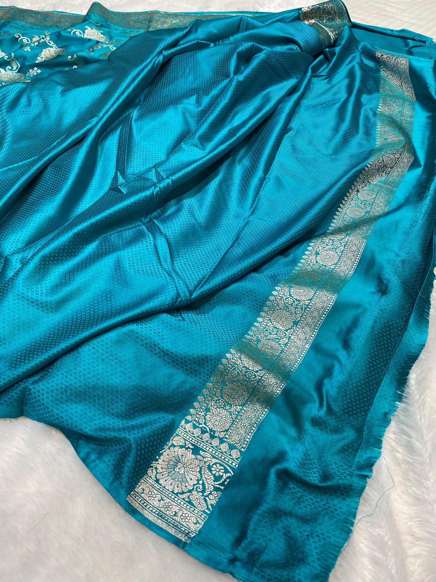 Mashru Silk Saree Firozi Color With Floral Border Sona Rupa Zari Mina Jaal Pattern MSW42