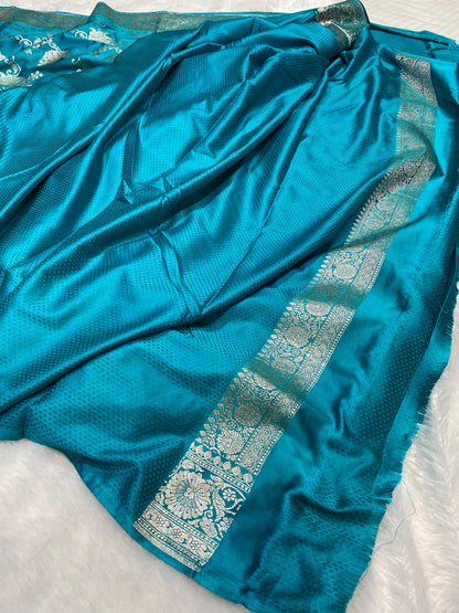 Mashru Silk Saree Firozi Color With Floral Border Sona Rupa Zari Mina Jaal Pattern MSW42