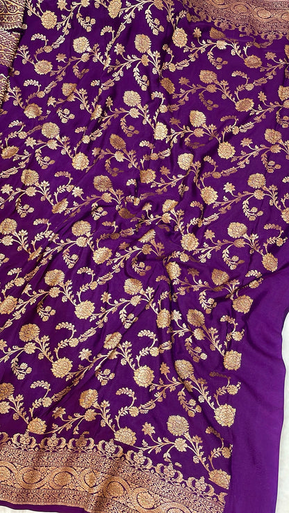 Pure Banarasi Khaddi Crape Silk Handloom Saree with Traditional Corners Firozi with Purple color