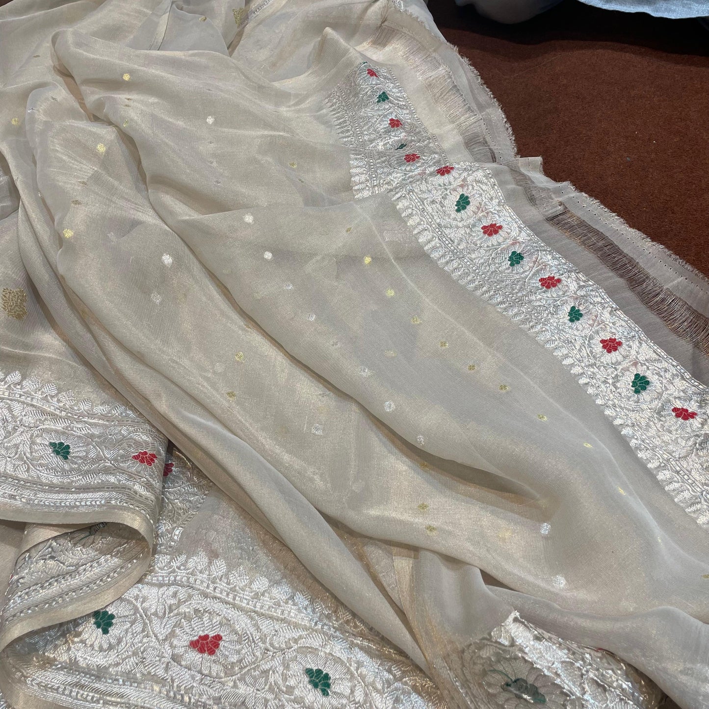 100% Authentic & Luxurious Pure Banarasi Khaddi Chiffon Tissue Saree Shimmering Natural/Raw Colour