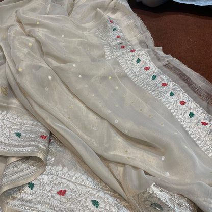 100% Authentic & Luxurious Pure Banarasi Khaddi Chiffon Tissue Saree Shimmering Natural/Raw Colour