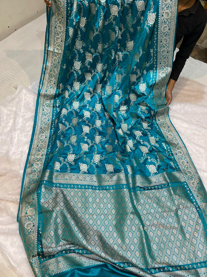 Mashru Silk Saree Firozi Color With Floral Border Sona Rupa Zari Mina Jaal Pattern MSW42