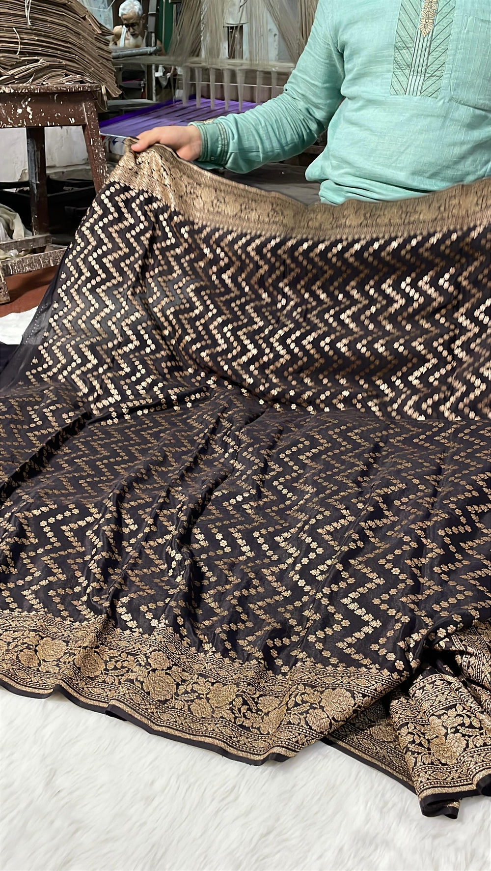 Pure Banarasi Khaddi Crape Silk Handloom Saree with Traditional Corners Surmai(kohl) Black Color