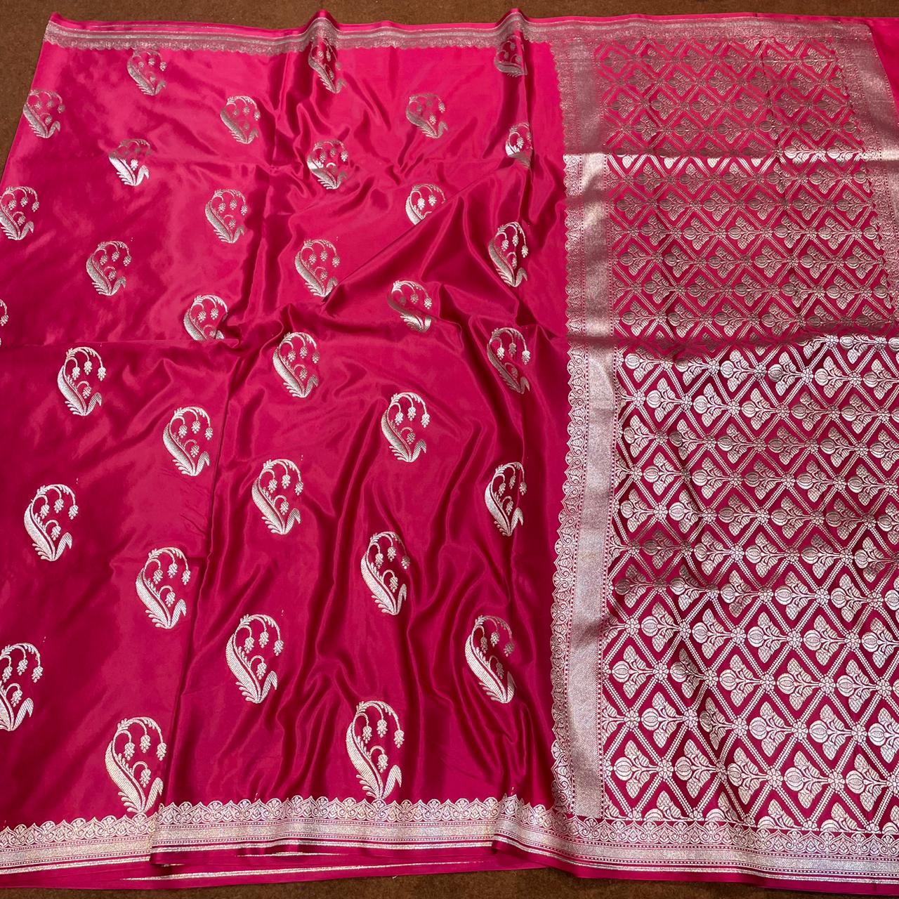 Mashru Silk Saree Cherry Red Color with Short Border Delicate Paisley/Mango Boota MSW-10