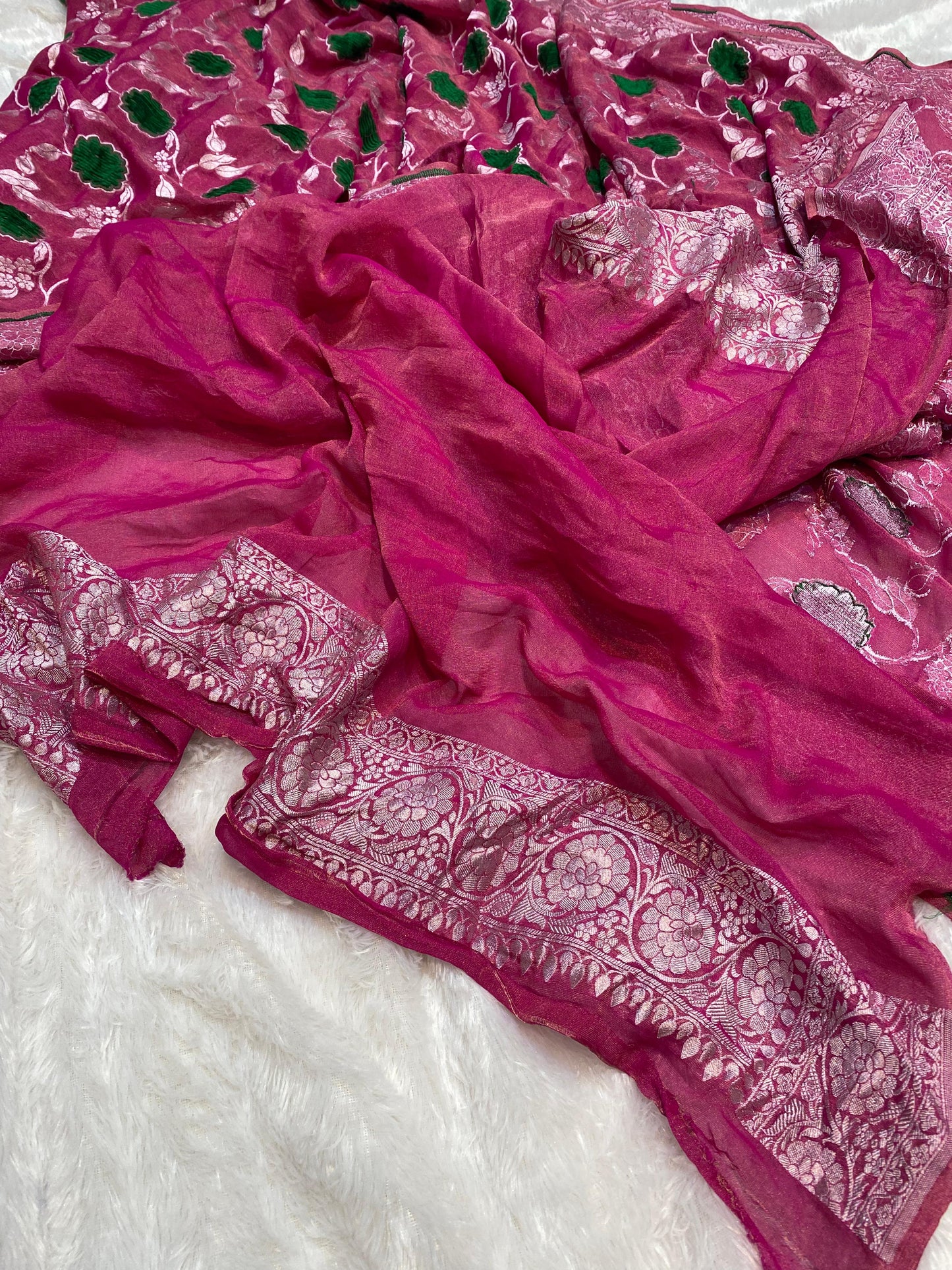 Pure Khaddi Georgette Tissue Saree With Velvet Weaving Blush Royale Pink Color [*Color Customisable]