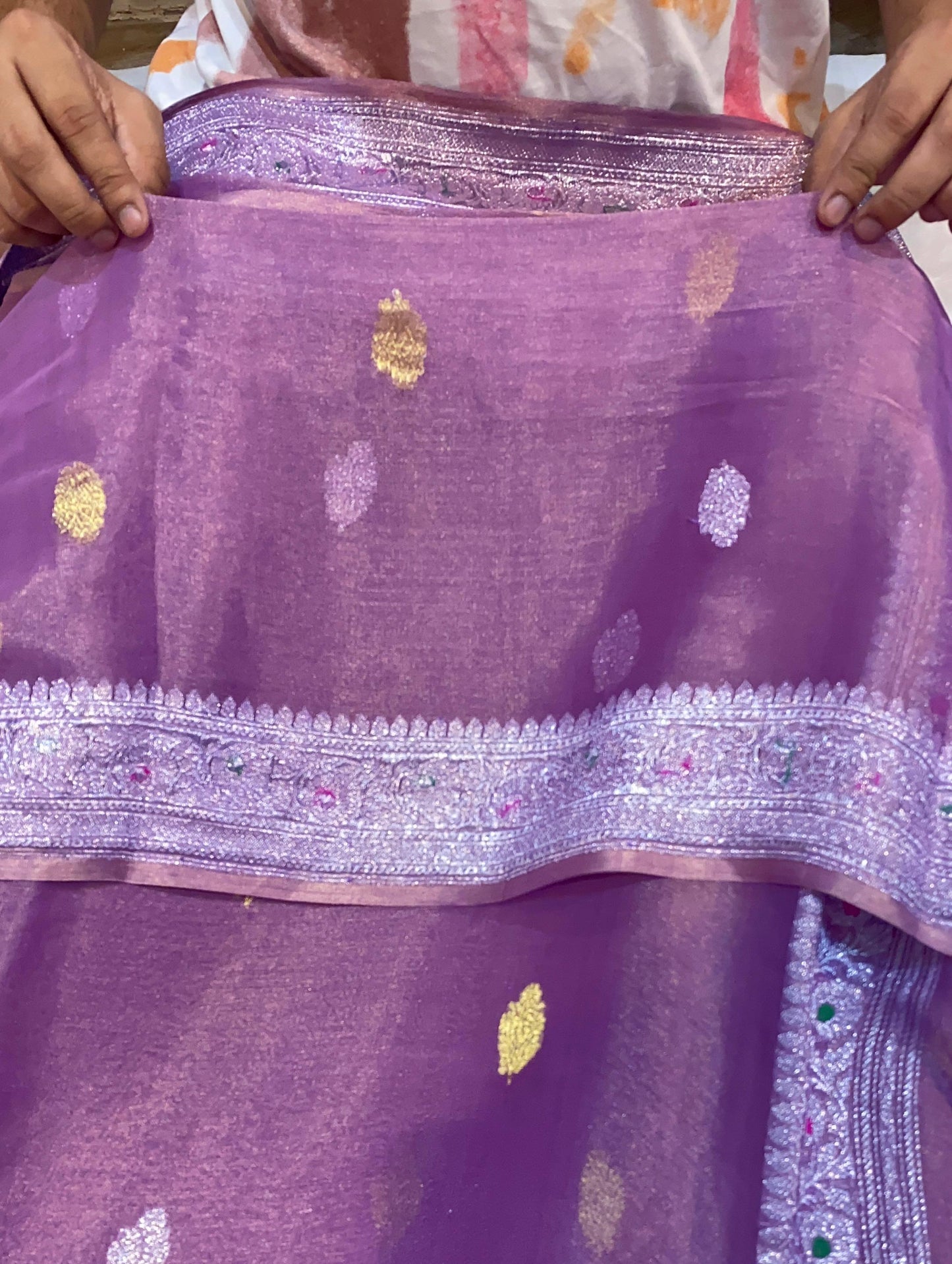 100% Authentic & Luxurious Pure Banarasi Khaddi Chiffon Tissue Saree Lavender/Purple Shade