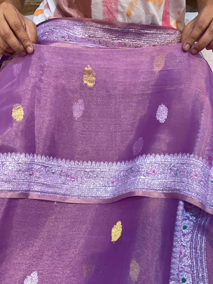 100% Authentic & Luxurious Pure Banarasi Khaddi Chiffon Tissue Saree Lavender/Purple Shade