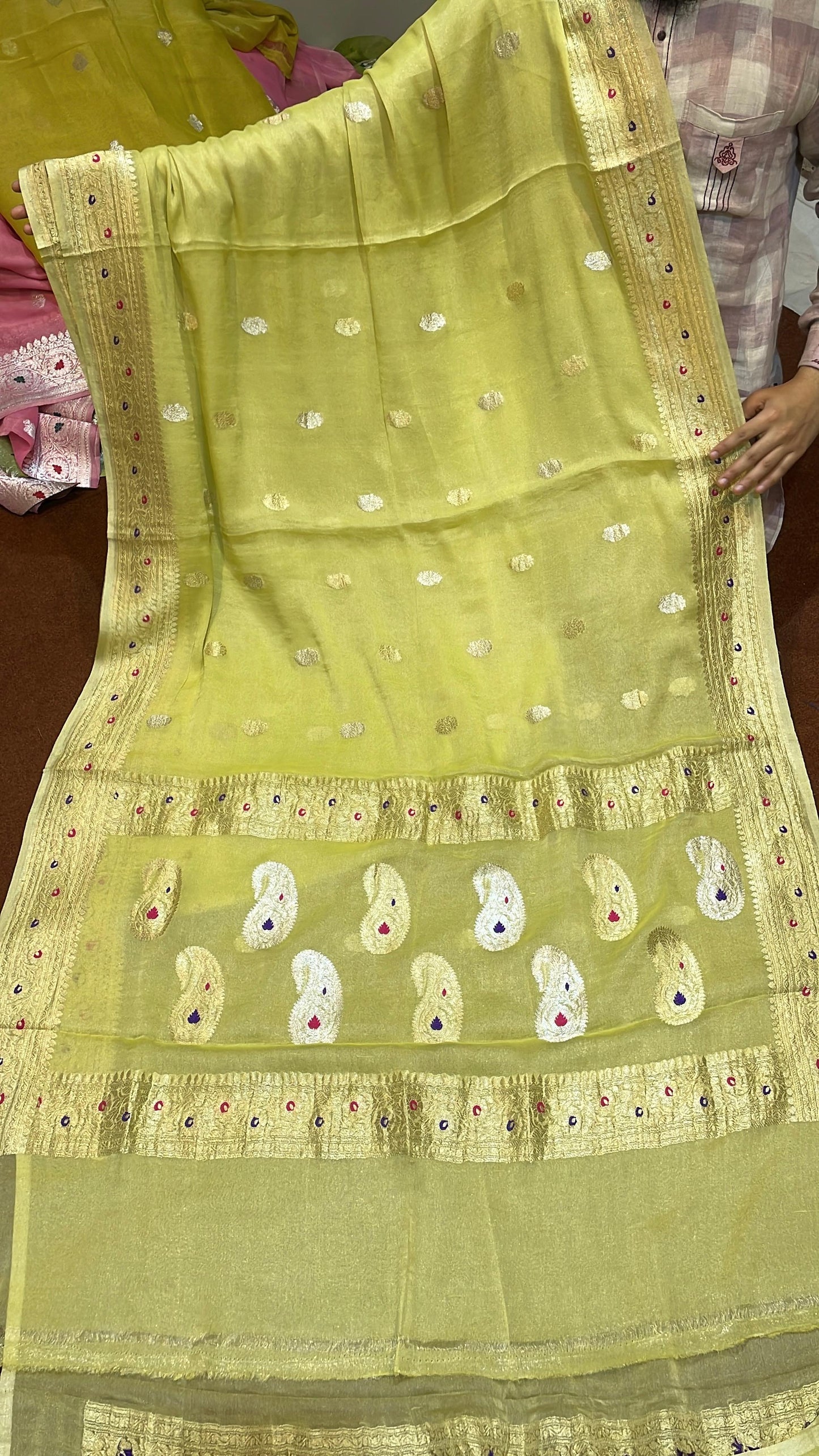 100% Authentic & Luxurious Pure Banarasi Khaddi Chiffon Tissue Saree Lemon-ish Yellow Colour