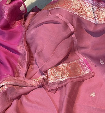 100% 3D Shades Pure Banarasi Khaddi Chiffon Silver Zari Kadwa Buti Handloom Saree