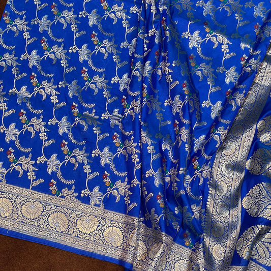 Beautiful Royal Blue Katan Silk Saree Sona Rupa Water Zari Meena Jangla Weave