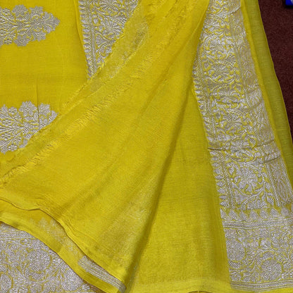 100% Pure Banarasi Khaddi Chiffon Silver Zari Kadwa Buti Handloom Saree Lemon Yellow Colour