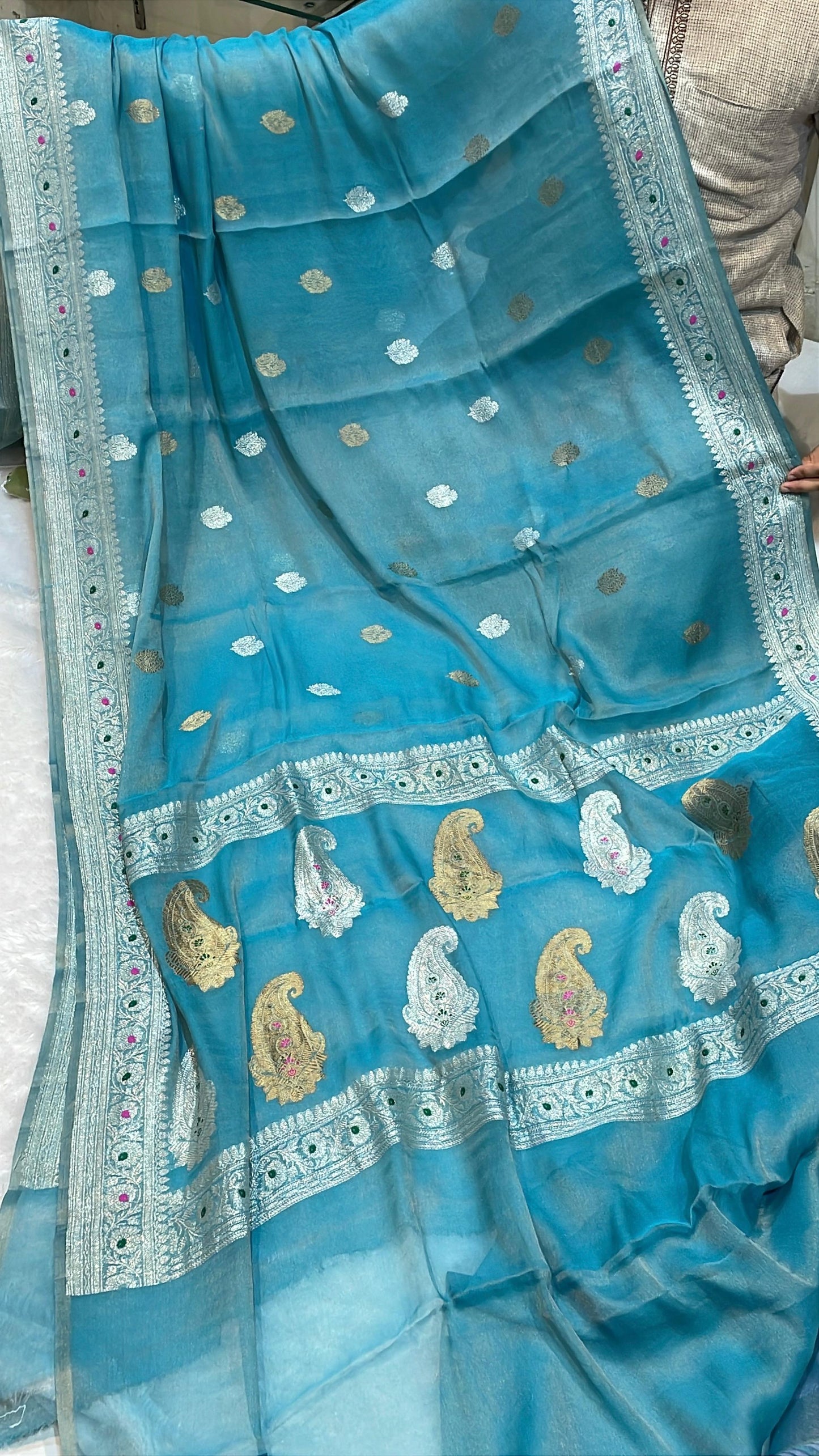 100% Authentic & Luxurious Pure Banarasi Khaddi Chiffon Tissue Saree Powder Blue/Firozi Colour