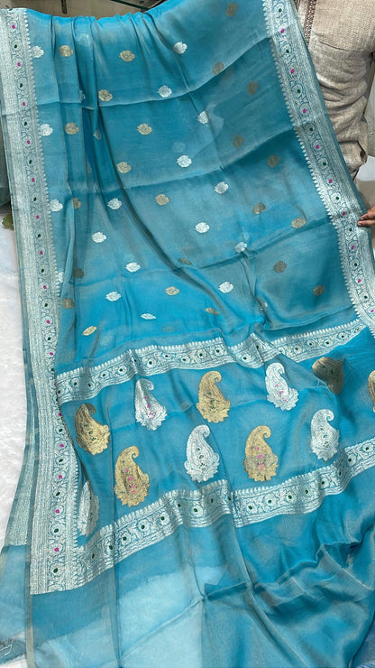 100% Authentic & Luxurious Pure Banarasi Khaddi Chiffon Tissue Saree Powder Blue/Firozi Colour