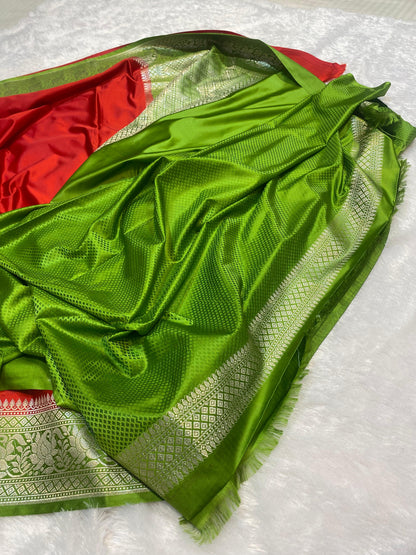 Mashru Silk Saree Red with Bottle Green Color With Floral Border MSW46