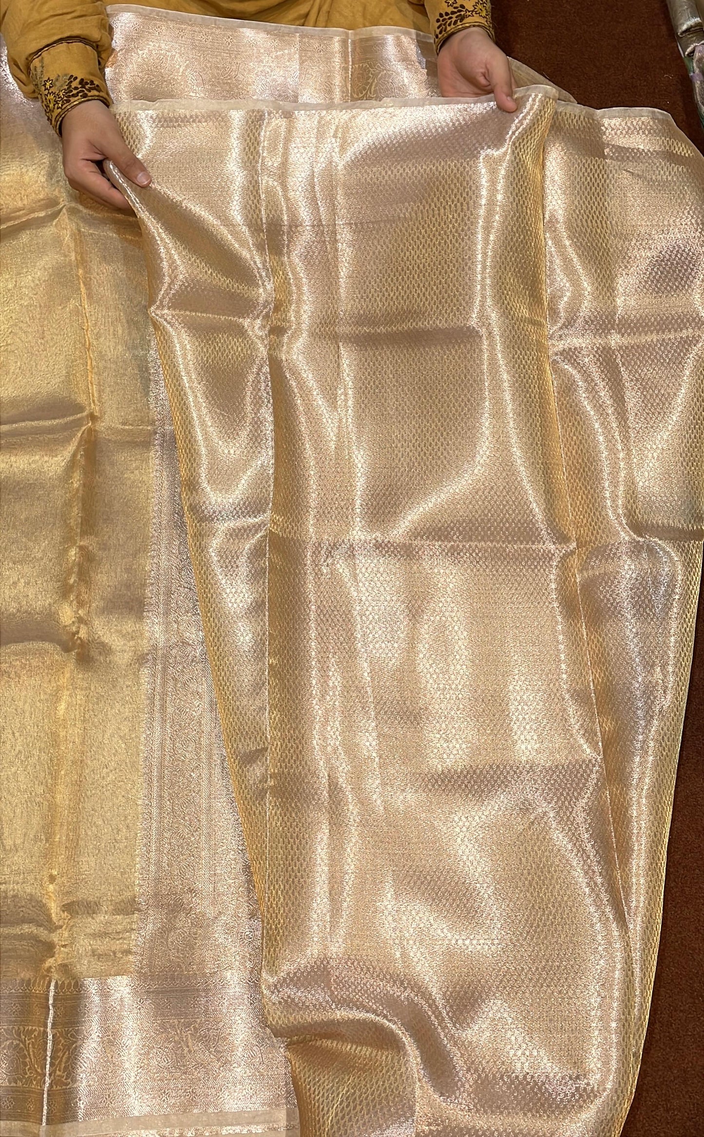 Pure Banarasi Plain Tissue Reshmi Zari Saree With Kanchi Border Natural Gold Color [Dyeble Piece]