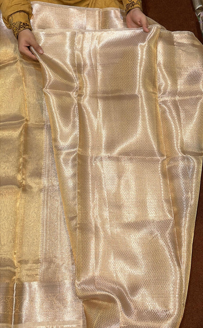 Pure Banarasi Plain Tissue Reshmi Zari Saree With Kanchi Border Natural Gold Color [Dyeble Piece]