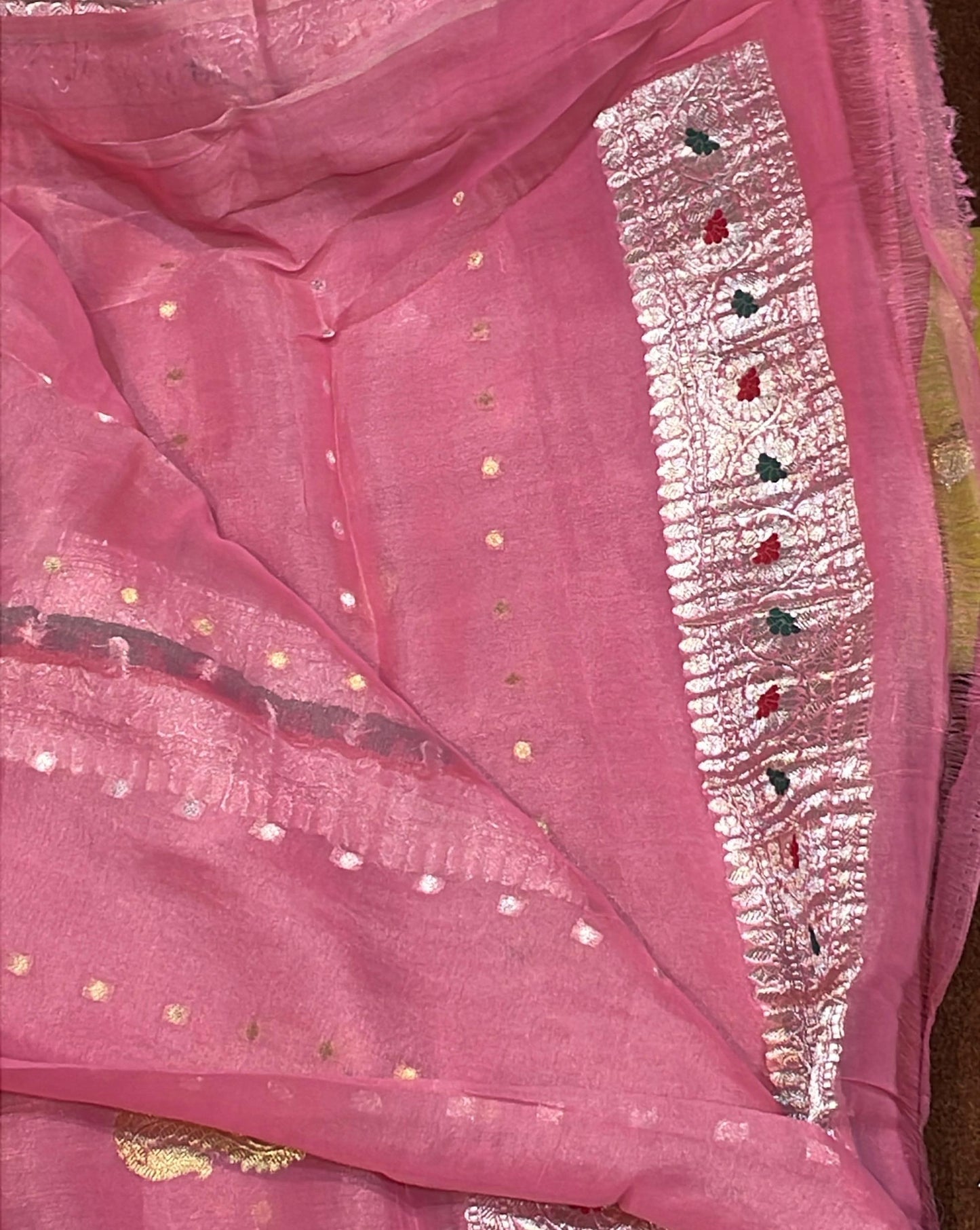 100% Authentic & Luxurious Pure Banarasi Khaddi Chiffon Tissue Saree Gazri Pink Colour
