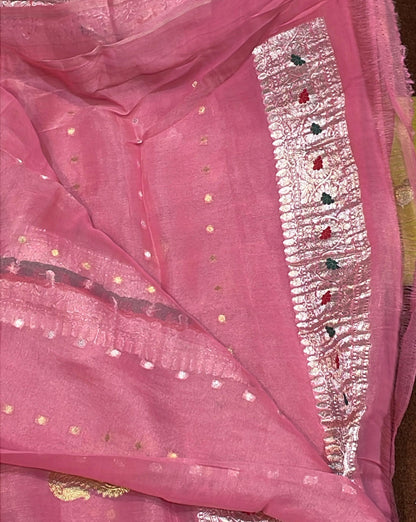 100% Authentic & Luxurious Pure Banarasi Khaddi Chiffon Tissue Saree Gazri Pink Colour