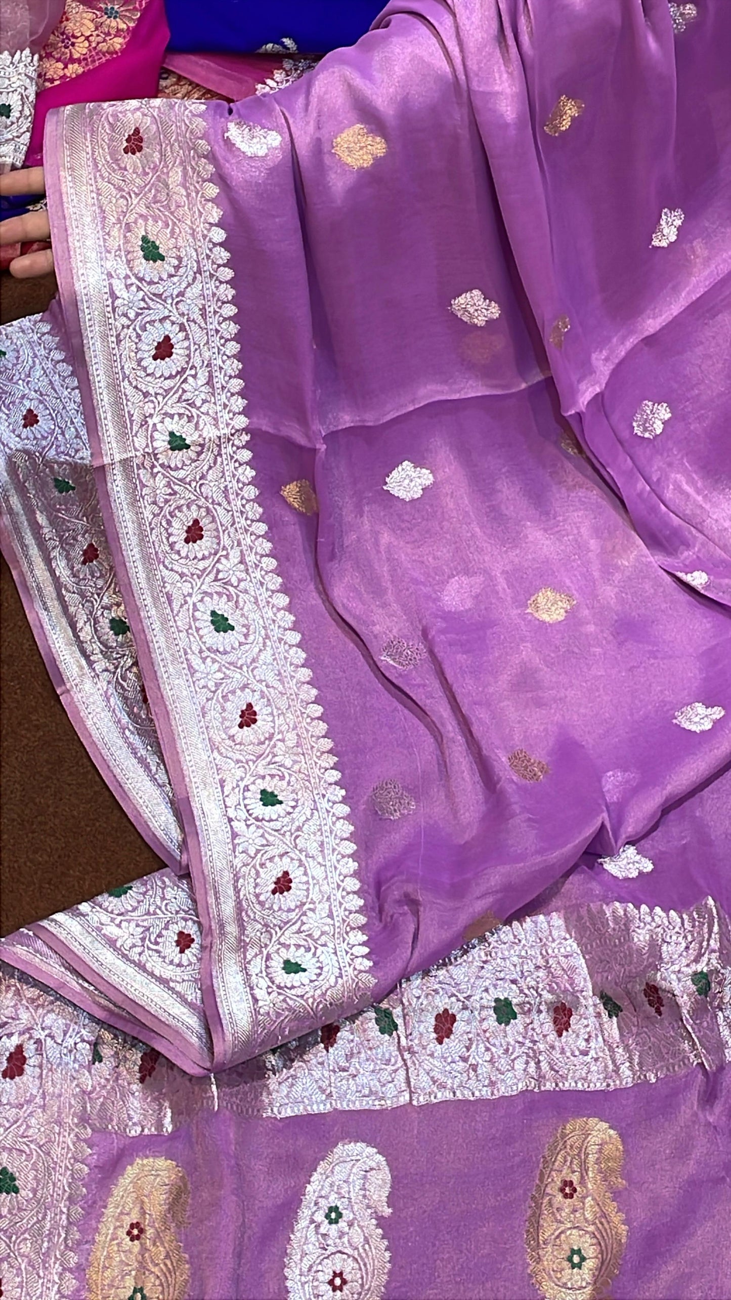 100% Authentic & Luxurious Pure Banarasi Khaddi Chiffon Tissue Saree Hue Lavender Colour