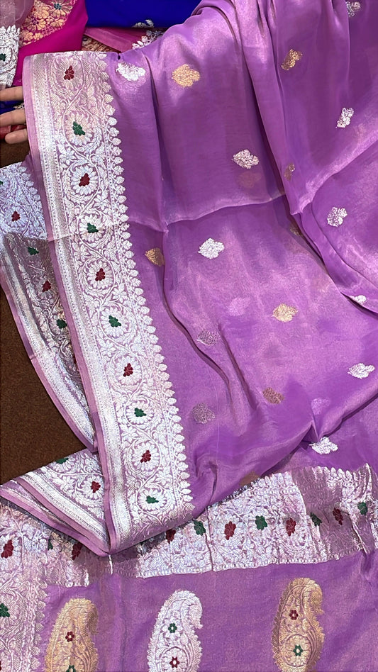 100% Authentic & Luxurious Pure Banarasi Khaddi Chiffon Tissue Saree Hue Lavender Colour