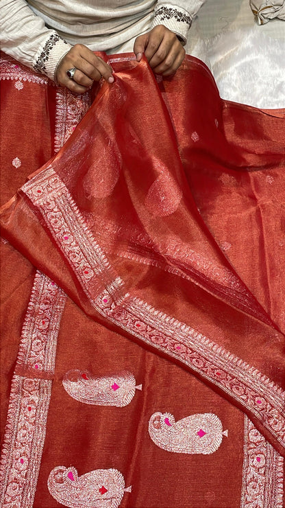 100% Authentic & Luxurious Pure Banarasi Khaddi Chiffon Tissue Saree Rust Red Colour