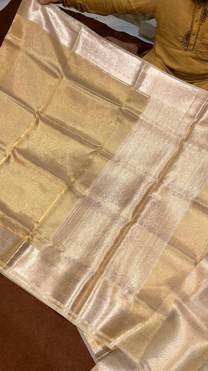 Pure Banarasi Plain Tissue Reshmi Zari Saree With Kanchi Border Natural Gold Color [Dyeble Piece]