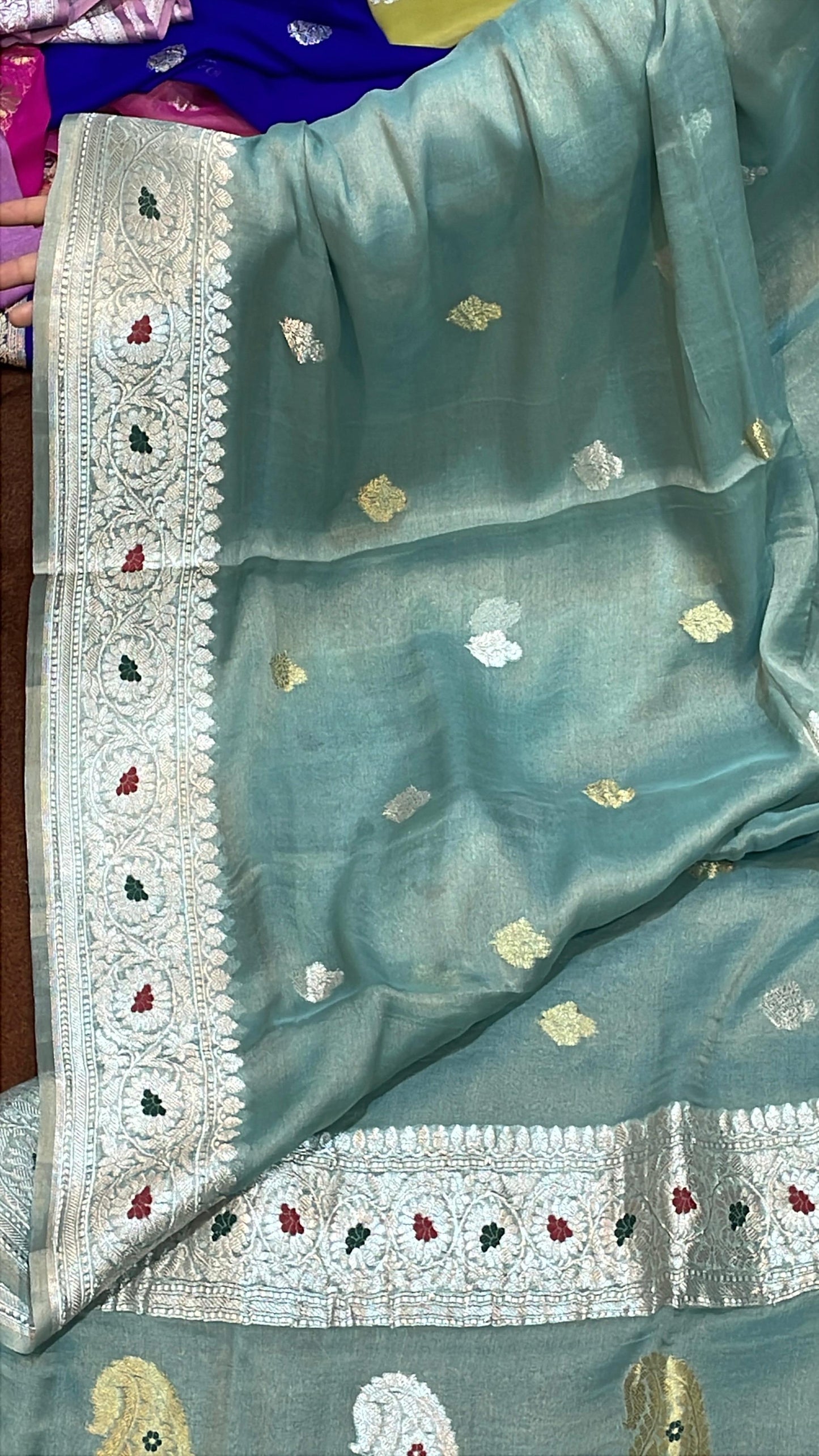 100% Authentic Pure Banarasi Khaddi Chiffon Tissue Saree Powder Blue Colour