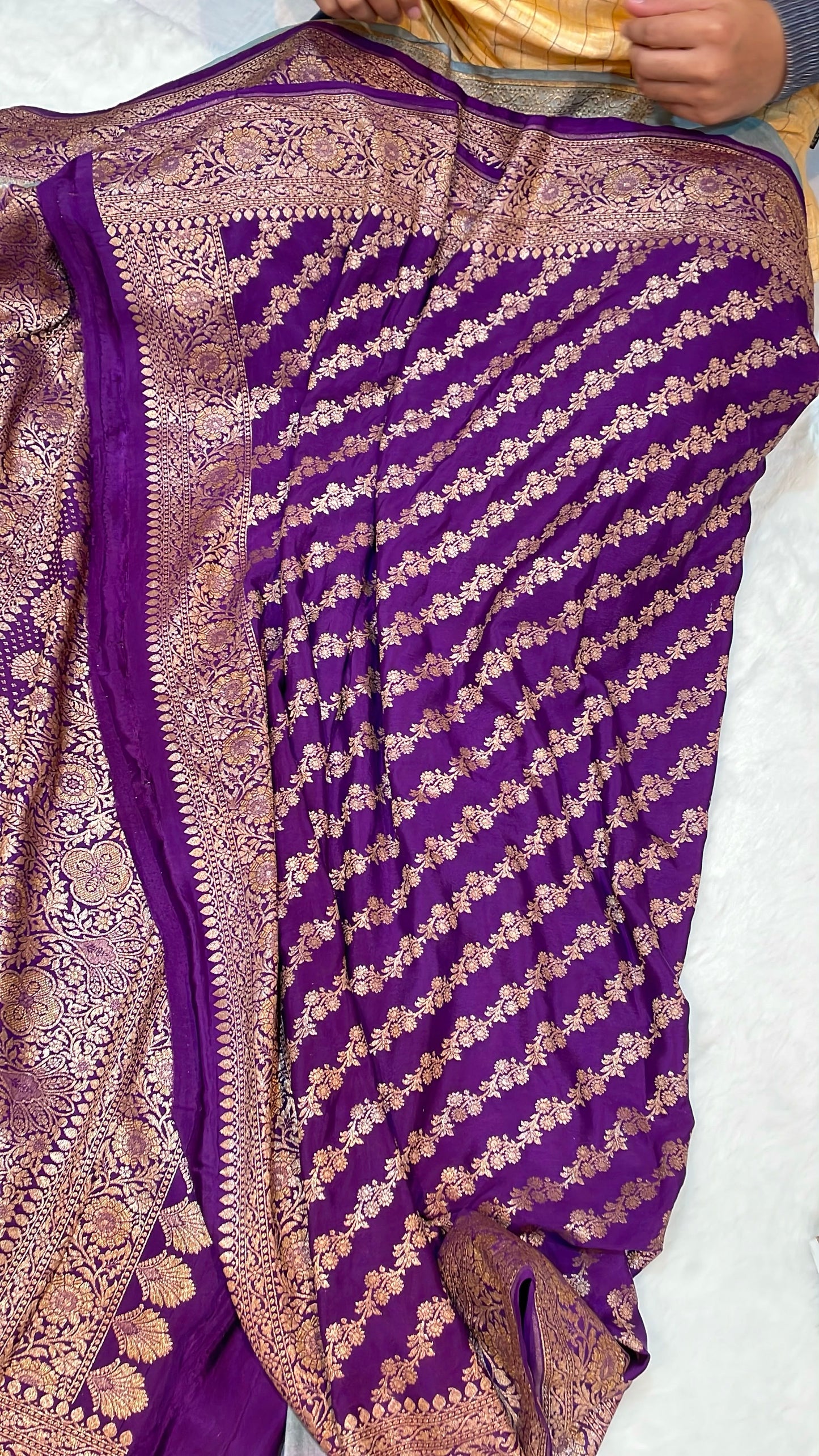 Pure Banarasi Khaddi Crape Silk Handloom Saree with Traditional Corners Ash Grey With Voilet Purple Color