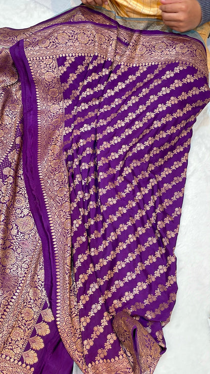 Pure Banarasi Khaddi Crape Silk Handloom Saree with Traditional Corners Ash Grey With Voilet Purple Color