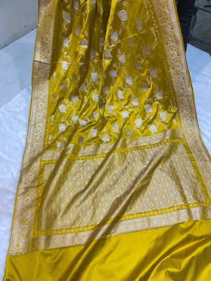 Mashru Silk Saree Canary Yellow Color With Floral Border Sona Rupa Zari Mina Jaal Pattern  MSW38