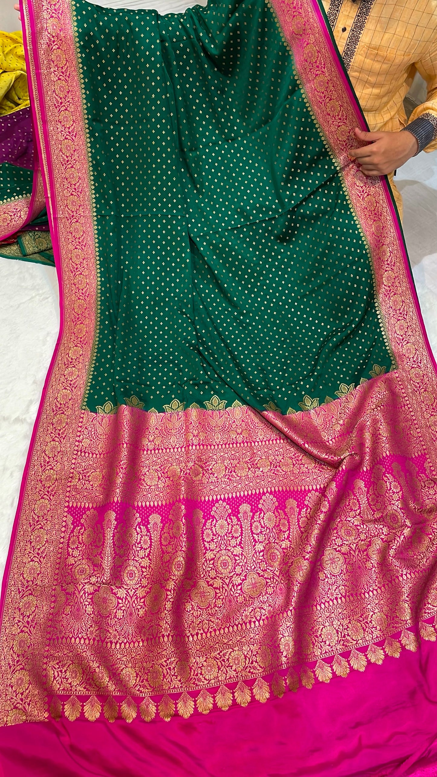 Pure Banarasi Khaddi Crape Silk Handloom Saree with Traditional Corners Green With Rani Color
