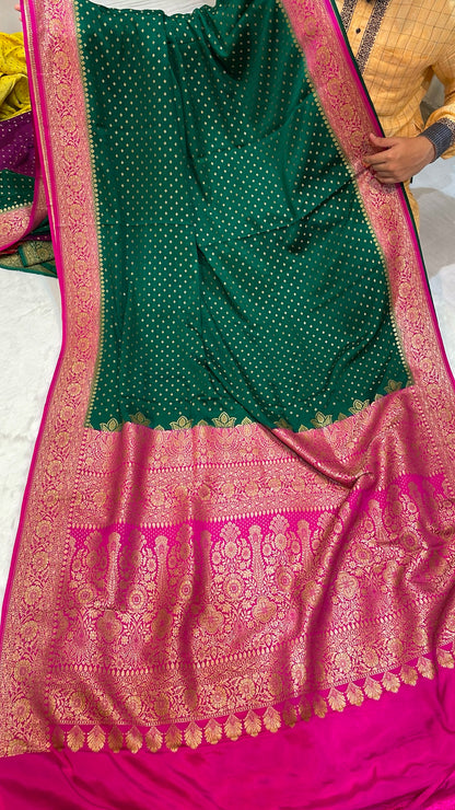 Pure Banarasi Khaddi Crape Silk Handloom Saree with Traditional Corners Green With Rani Color