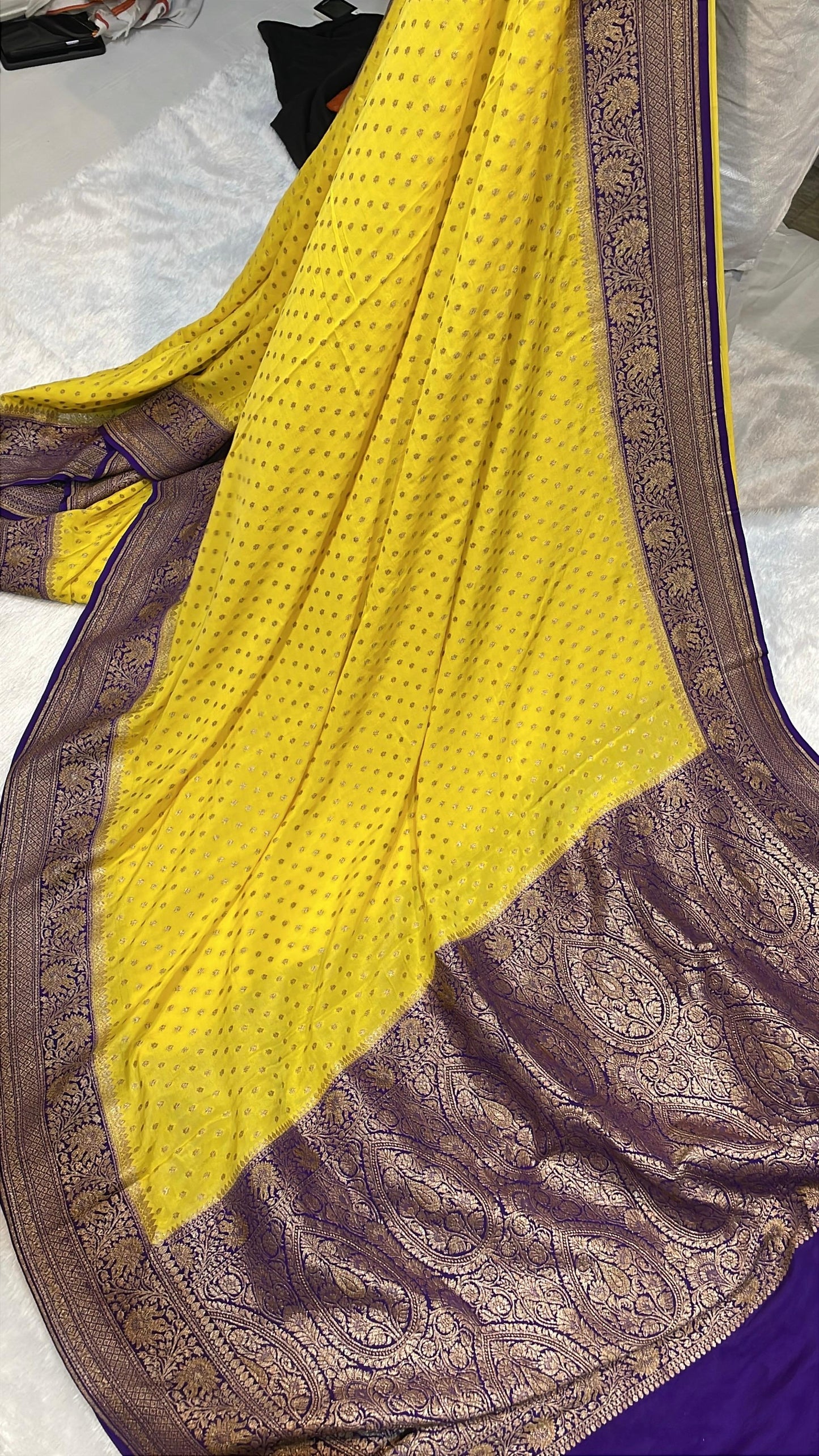 Pure Banarasi Khaddi Crape Silk Handloom Saree with Traditional Corners Mango Yellow with Purple Color
