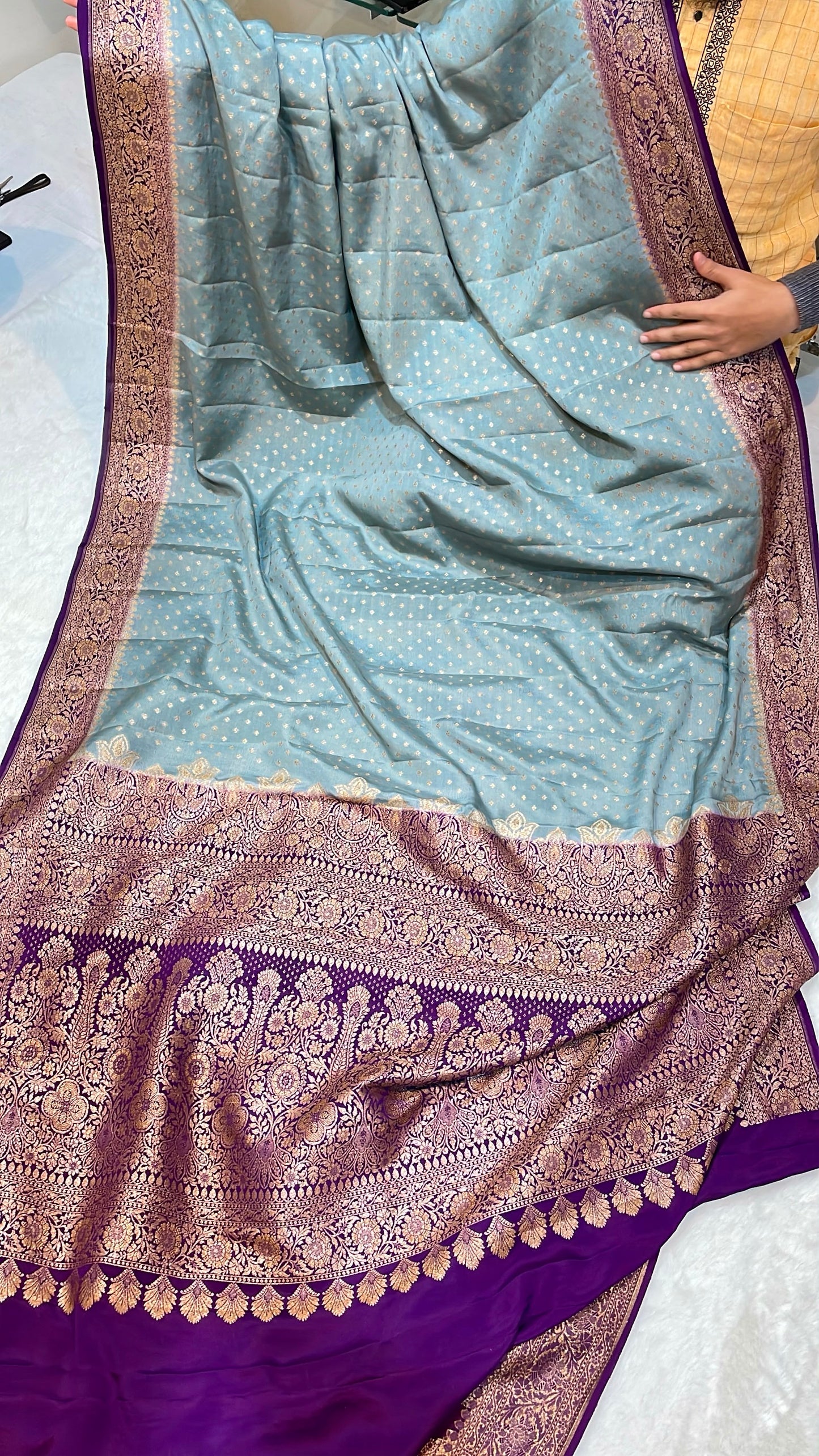Pure Banarasi Khaddi Crape Silk Handloom Saree with Traditional Corners Ash Grey With Voilet Purple Color