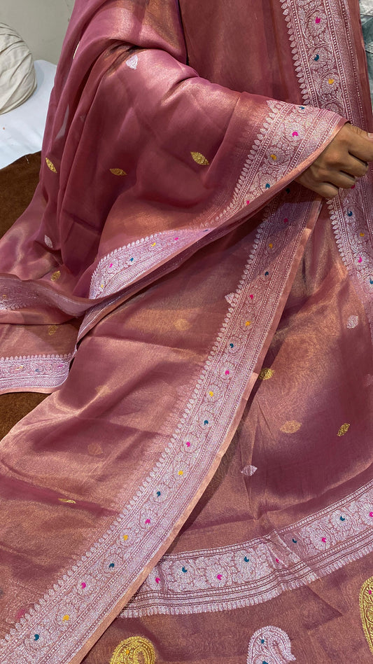 100% Authentic & Luxurious Pure Banarasi Khaddi Chiffon Tissue Saree Rust Colour