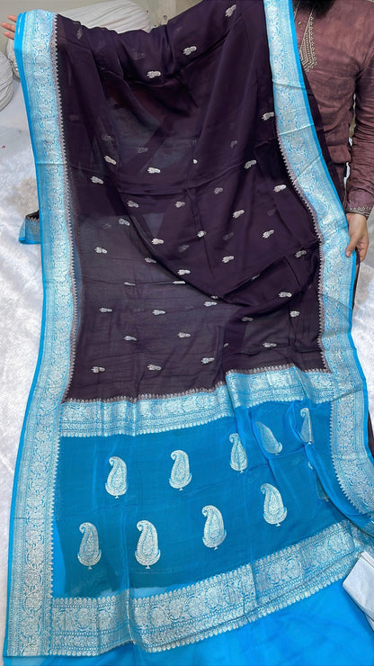 100% Pure Banarasi Khaddi Chiffon Silver Zari Kadwa Buti Handloom Saree Blackish Brown with firozi Colour