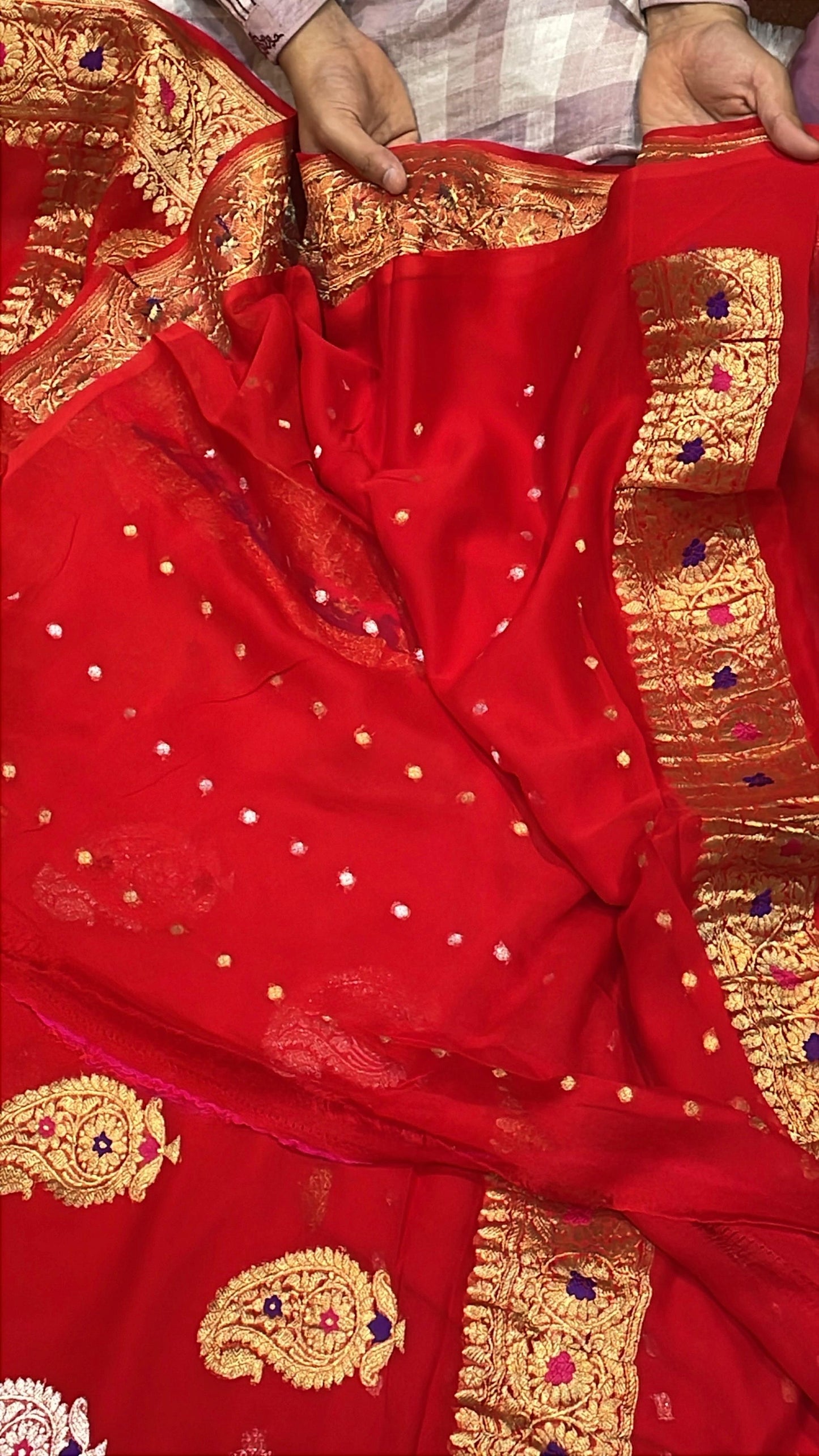 100% Authentic & Luxurious Pure Banarasi Khaddi Chiffon Georgette Saree Scarlet Red Color