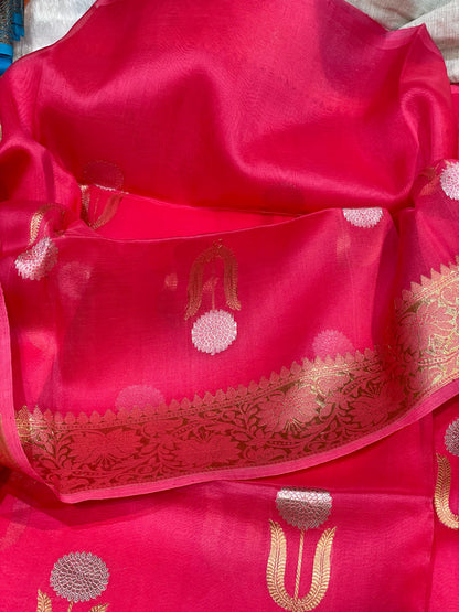 Gazri Pink Color Pure Kora Organza Banarasi Handloom Saree's
