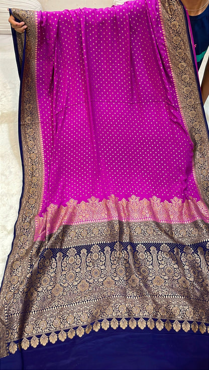 Pure Banarasi Khaddi Crape Silk Handloom Saree with Traditional Corners Rani with Navy Blue color