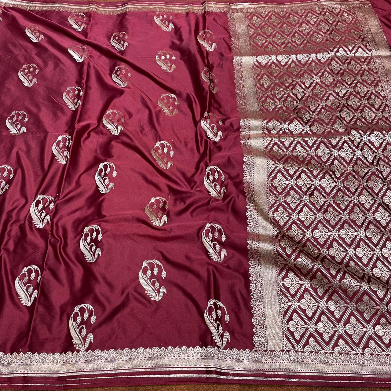 Mashru Silk Saree Wine Color with Short Border Delicate Paisley/Mango Boota MSW-11