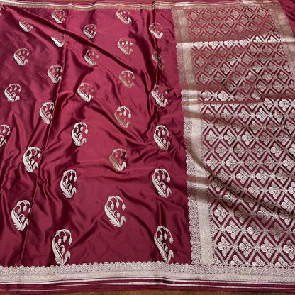 Mashru Silk Saree Wine Color with Short Border Delicate Paisley/Mango Boota MSW-11