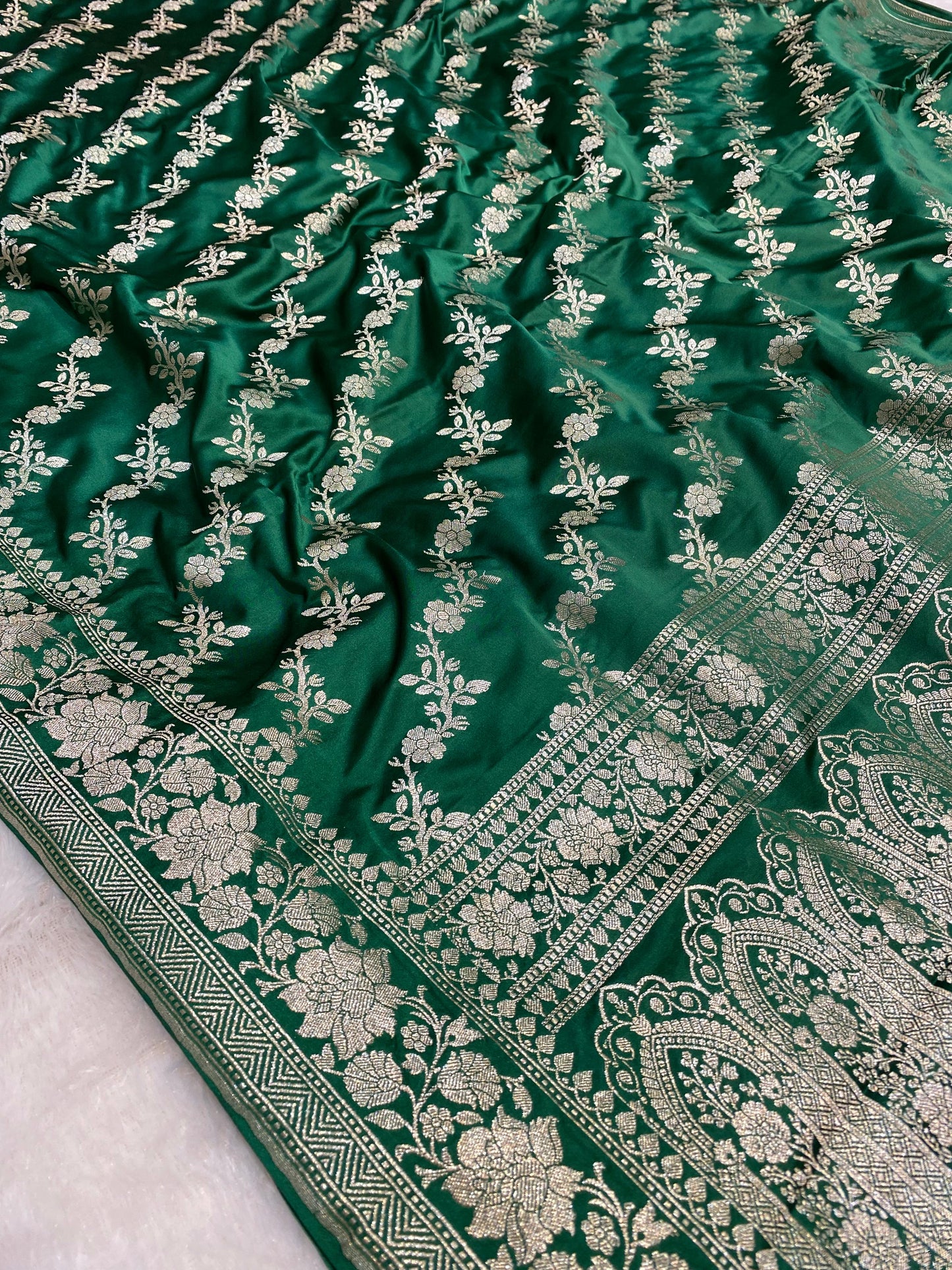 Mashru Silk Saree Bottle Green Color Sona Rupa Zari Buta Border