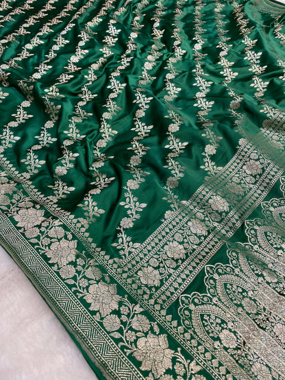 Mashru Silk Saree Bottle Green Color Sona Rupa Zari Buta Border