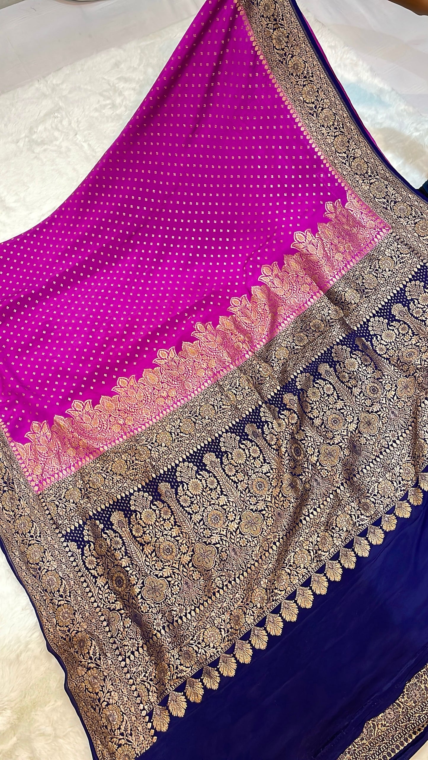 Pure Banarasi Khaddi Crape Silk Handloom Saree with Traditional Corners Rani with Navy Blue color